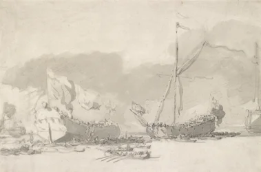 Der Stapellauf eines Ein-Deck-Kriegsschiffs mit einer königlichen Yacht, spätes 17. bis frühes 18. Jahrhundert